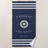 Nautical Navy Blue White Family Name Lake House Strandlaken (Voorkant)
