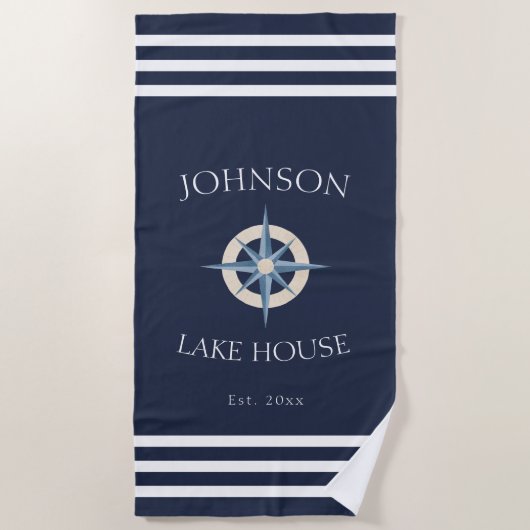 Nautical Navy Blue White Family Name Lake House Strandlaken (Voorkant)