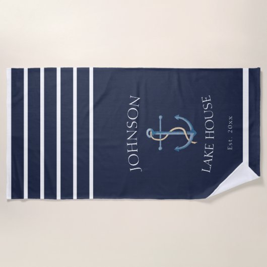 Nautical Navy Blue White Family Name Lake House Strandlaken (Voorkant)
