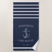 Nautical Navy Blue White Family Name Lake House Strandlaken (Voorkant)