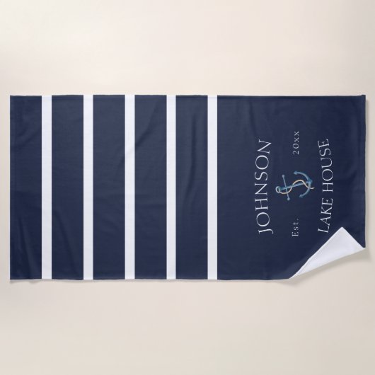 Nautical Navy Blue White Family Name Lake House Strandlaken (Voorkant)