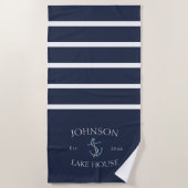 Nautical Navy Blue White Family Name Lake House Strandlaken (Voorkant)