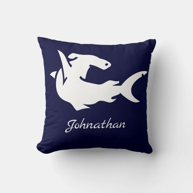Nautical Navy Blue White Hammerhead Shark Naam Kussen (Voorkant)