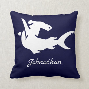 Nautical Navy Blue White Hammerhead Shark Name Kussen