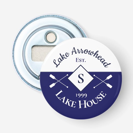 Nautical Navy Blue White Monogram Lake House Button Flesopener (Voorkant)