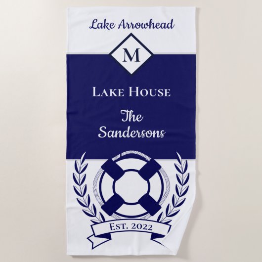 Nautical Navy Blue White Monogram Lake House Strandlaken (Voorkant)