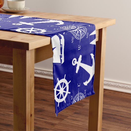 Nautical Navy Blue White Pattern Medium Tafelloper (Voorbeeld)