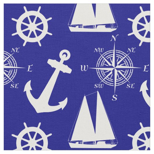 Nautical Navy Blue White Pattern Stof (Close Up)