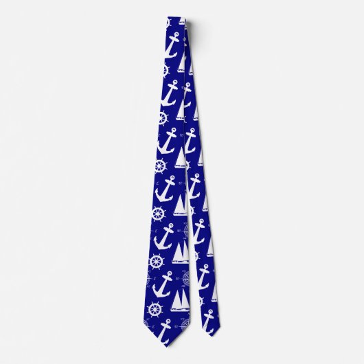 Nautical Navy Blue White Pattern Stropdas (Voorkant)