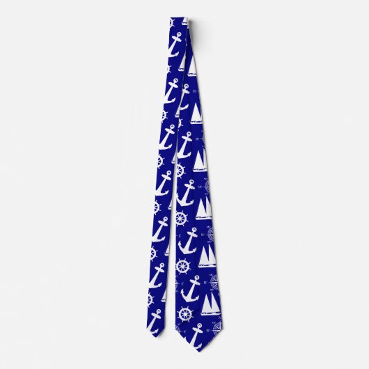 Nautical Navy Blue White Pattern Stropdas (Achterkant)