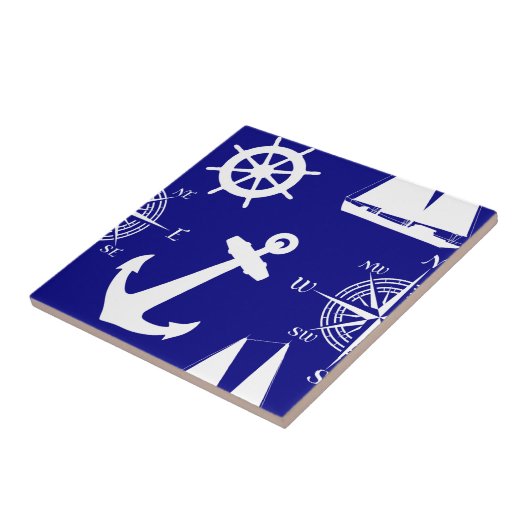 Nautical Navy Blue White Pattern Tegeltje (Zijkant)