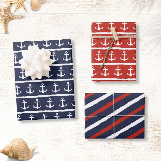 Nautical Navy Blue White Red Stripes Anchor Inpakpapier Vel