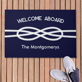 Nautical Navy Blue White Rope Welcome Aboard Deurmat