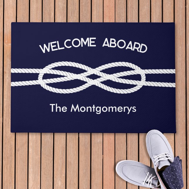 Nautical Navy Blue White Rope Welcome Aboard Deurmat (Creator heeft geüpload)