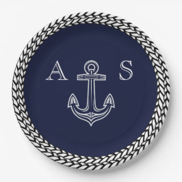 Nautical Navy Blue White Stripe Anchor Monogram Papieren Bordje