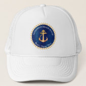 Nautical Navy Blue White Stripe Anchor Monogram Trucker Pet (Voorkant)