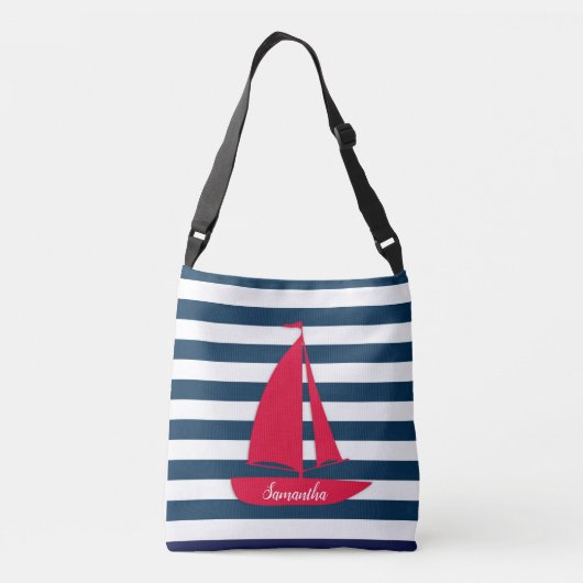 Nautical Navy Blue White Stripe Monogram Red Boat Crossbody Tas (Achterkant)