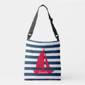 Nautical Navy Blue White Stripe Monogram Red Boat Crossbody Tas (Voorkant)
