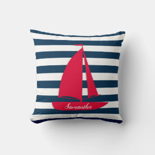 Nautical Navy Blue White Stripe Monogram Red Boat Kussen