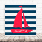 Nautical Navy Blue White Stripe Red Boat Monogram Canvas Afdruk