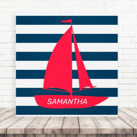 Nautical Navy Blue White Stripe Red Boat Monogram Canvas Afdruk