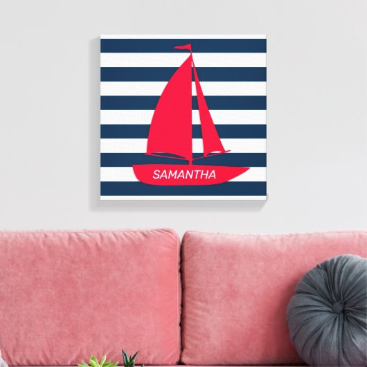 Nautical Navy Blue White Stripe Red Boat Monogram Canvas Afdruk (Insitu (Woonkamer))