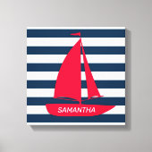 Nautical Navy Blue White Stripe Red Boat Monogram Canvas Afdruk (Voorkant)