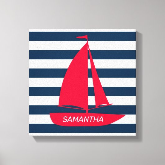 Nautical Navy Blue White Stripe Red Boat Monogram Canvas Afdruk (Voorkant)