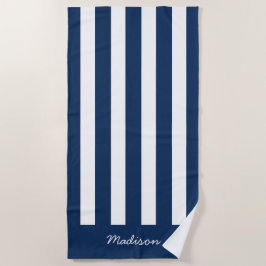 Nautical Navy Blue & White Striped Custom Name Strandlaken