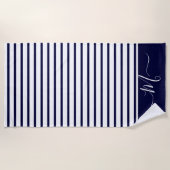 Nautical Navy Blue white Striped Monogram initiaal Strandlaken (Voorkant)