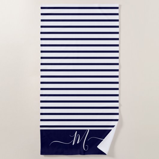 Nautical Navy Blue white Striped Monogram initiaal Strandlaken (Voorkant)