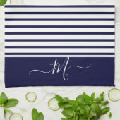 Nautical Navy Blue white Striped Monogram initiaal Theedoek (Gevouwen)