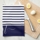 Nautical Navy Blue white Striped Monogram initiaal Theedoek (Quarter Fold)