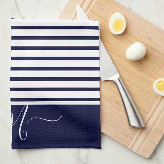 Nautical Navy Blue white Striped Monogram initiaal Theedoek (Quarter Fold)