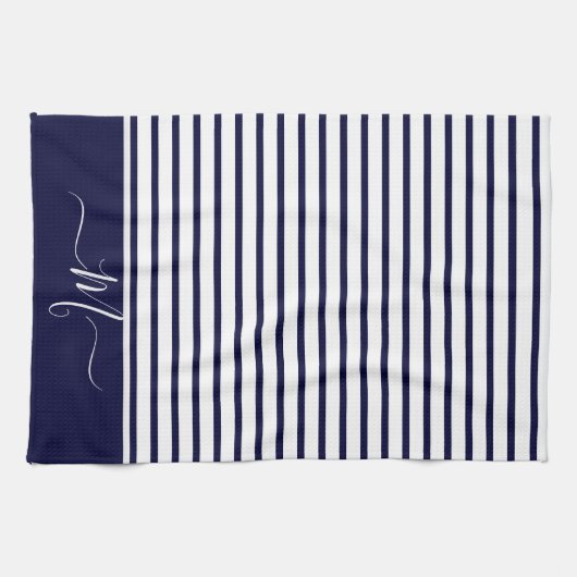 Nautical Navy Blue white Striped Monogram initiaal Theedoek (Horizontaal)
