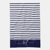 Nautical Navy Blue white Striped Monogram initiaal Theedoek (Verticaal)