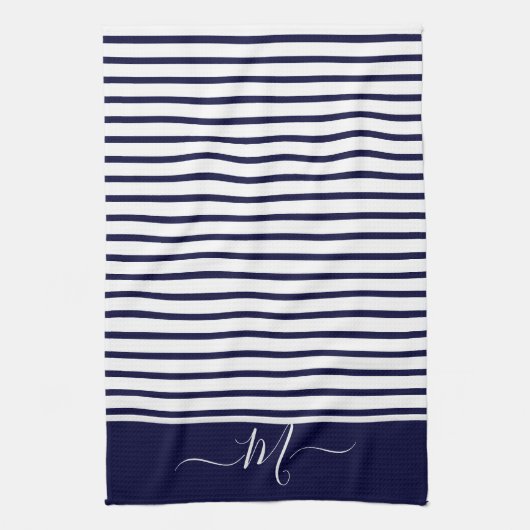 Nautical Navy Blue white Striped Monogram initiaal Theedoek (Verticaal)