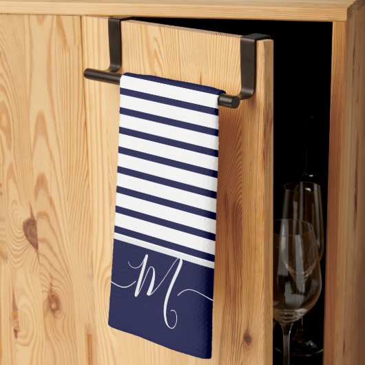 Nautical Navy Blue white Striped Monogram initiaal Theedoek (Derde Gevouwen)