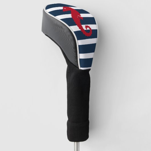 Nautical Navy Blue White Striped Red Seahorse Golfheadcover (Schuin)