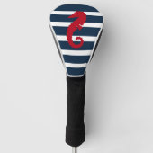 Nautical Navy Blue White Striped Red Seahorse Golfheadcover (Voorkant)