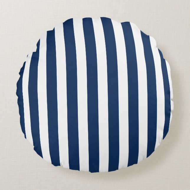 Nautical Navy Blue & White Striped Rond Kussen (Voorkant)