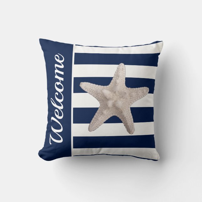 Nautical Navy Blue White Striped Starfish Welcome Kussen (Voorkant)