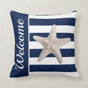 Nautical Navy Blue White Striped Starfish Welcome Kussen