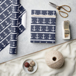 Nautical Navy Blue White Stripes Anchor Cadeaupapier