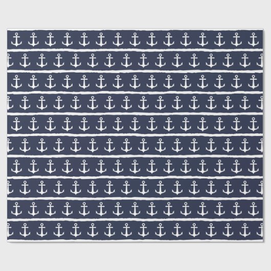 Nautical Navy Blue White Stripes Anchor Cadeaupapier (Vlak)
