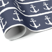 Nautical Navy Blue White Stripes Anchor Cadeaupapier (Rol Hoek)