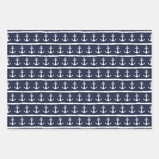 Nautical Navy Blue White Stripes Anchor Inpakpapier Vel (Voorkant 3)