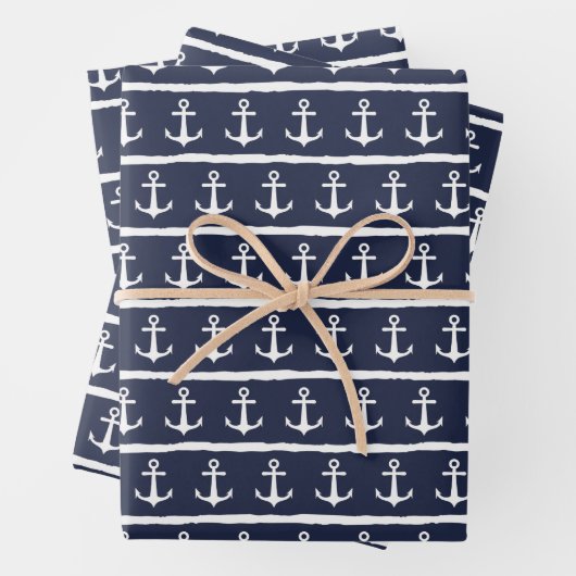 Nautical Navy Blue White Stripes Anchor Inpakpapier Vel (In situ)