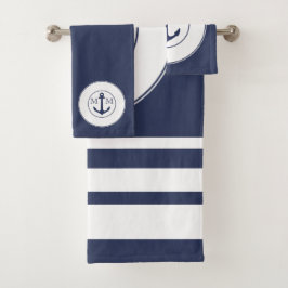 Nautical Navy Blue White Stripes Anchor Monogram Bad Handdoek