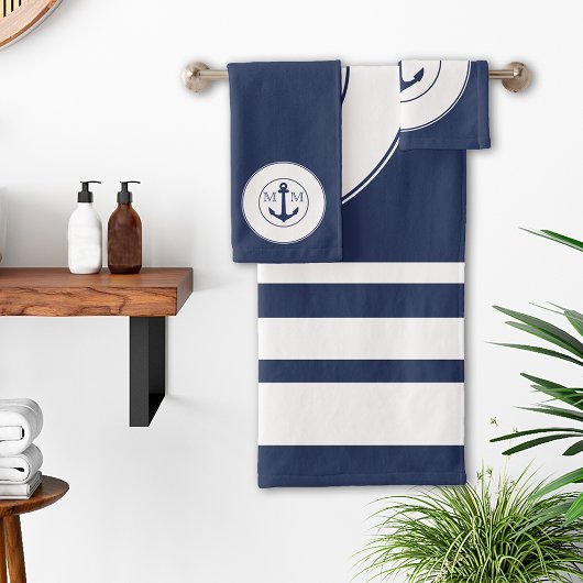 Nautical Navy Blue White Stripes Anchor Monogram Bad Handdoek